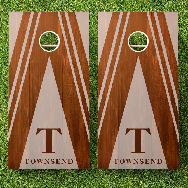Modern Triangle Stripes Chestnut Wood Family Name Cornhole Set (Creator Uploaded)