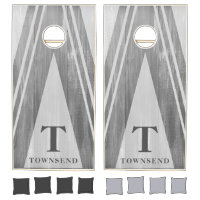 Modern Triangle Stripes Gray Wood Family Name Cornhole Set