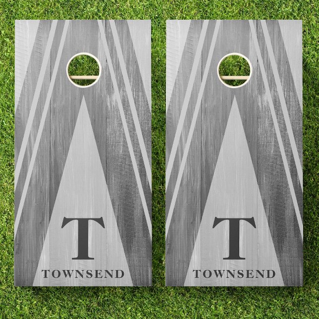 Modern Triangle Stripes Gray Wood Family Name Cornhole Set (Creator Uploaded)