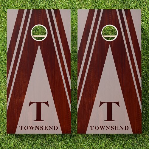 Modern Triangle Stripes Mahogany Wood Family Name Cornhole Set