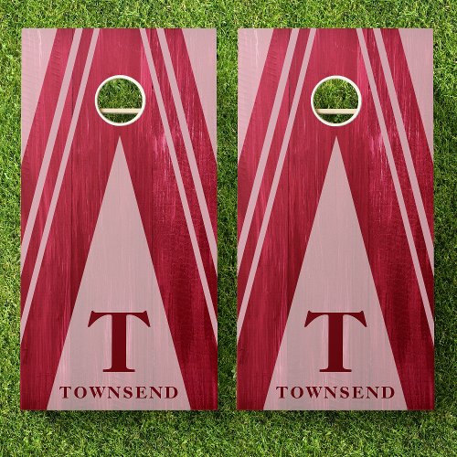 Modern Triangle Stripes Red Wood Family Name Cornhole Set