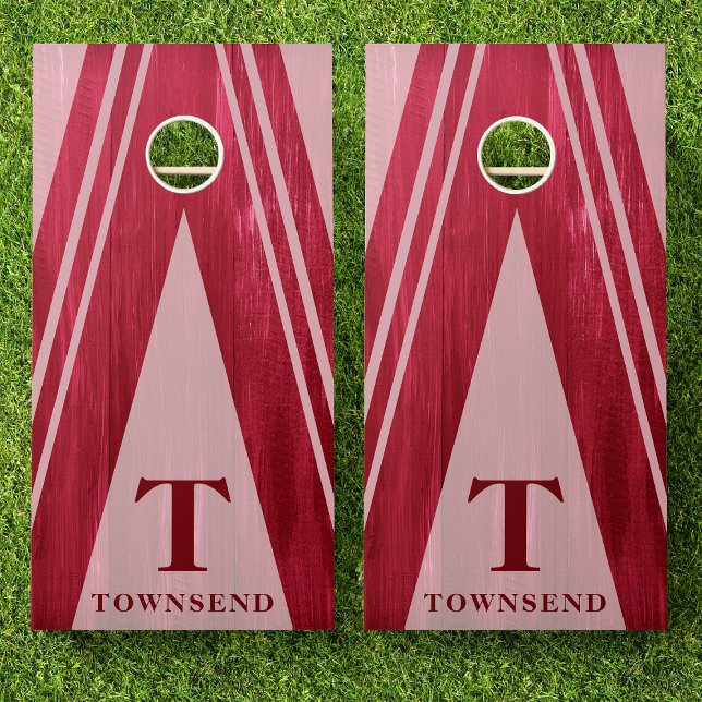 Modern Triangle Stripes Red Wood Family Name Cornhole Set (Creator Uploaded)
