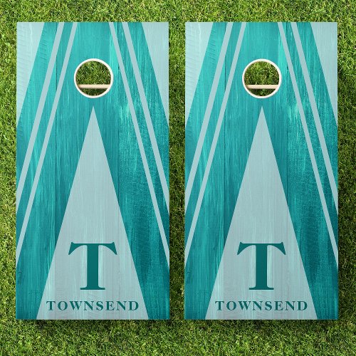 Modern Triangle Stripes Teal Wood Family Name Cornhole Set