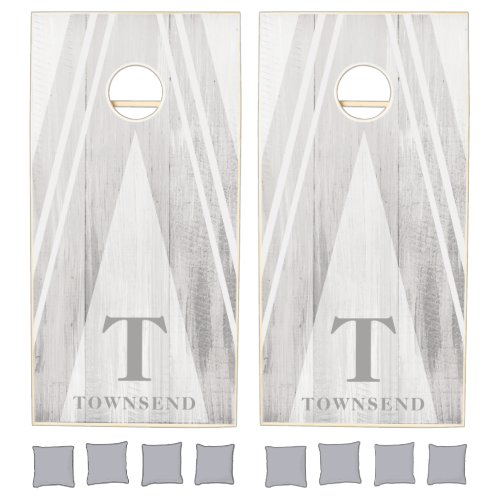 Modern Triangle Stripes White Wood Family Name Cornhole Set