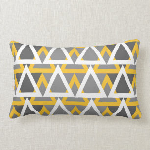 Modern, triangles, mustard yellow, white, grey lumbar pillow