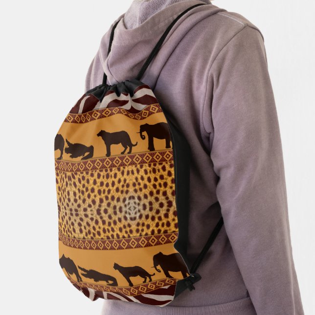 Modern Tribal African Cheetah Pattern Animal Print Drawstring Bag (Insitu)