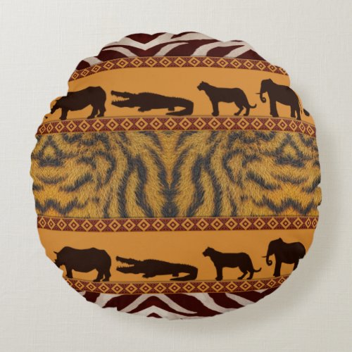 Modern Tribal African Tiger Pattern Animal Print Round Pillow