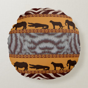 Modern Tribal African White Tiger Animal Print Round Pillow