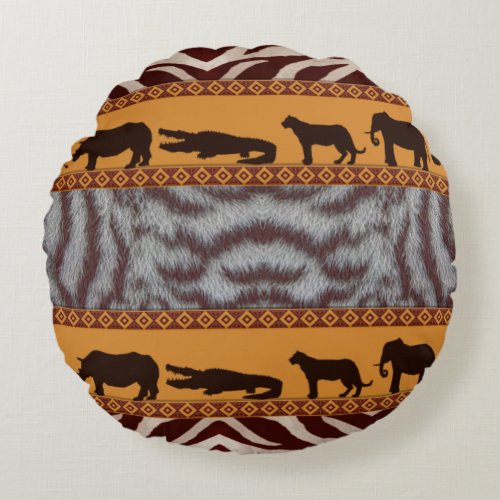 Modern Tribal African White Tiger Animal Print Round Pillow