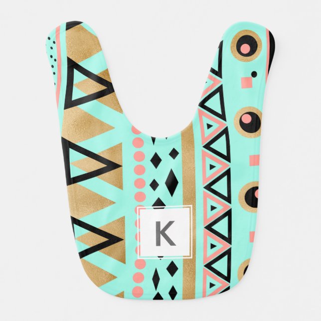 modern tribal aztec faux gold geometric pattern baby bib (Front)