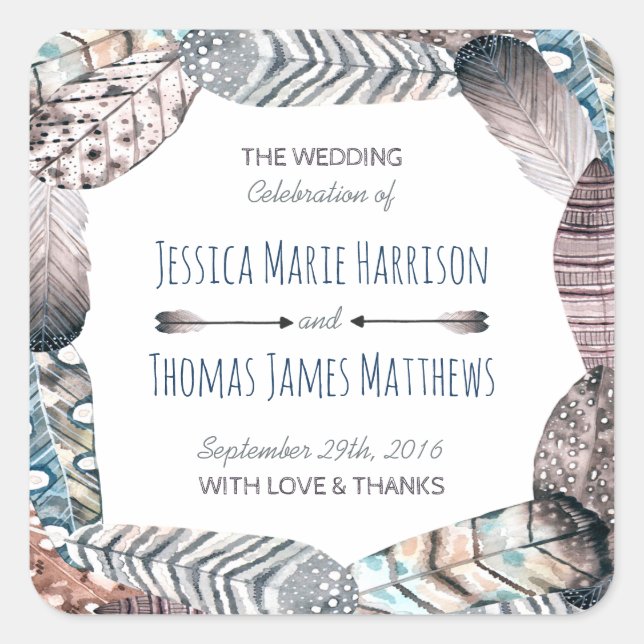 Modern Tribal Feathers Bohemian Wedding Favor Square Sticker (Front)