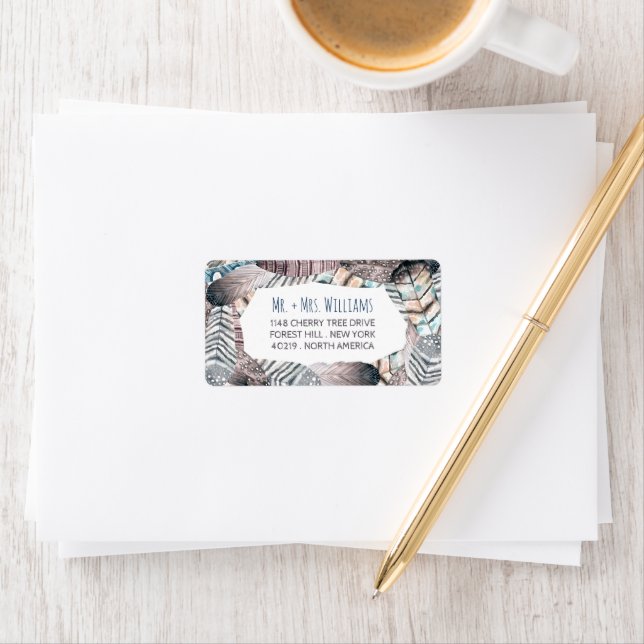 Modern Tribal Feathers Bohemian Wedding Label (Insitu)