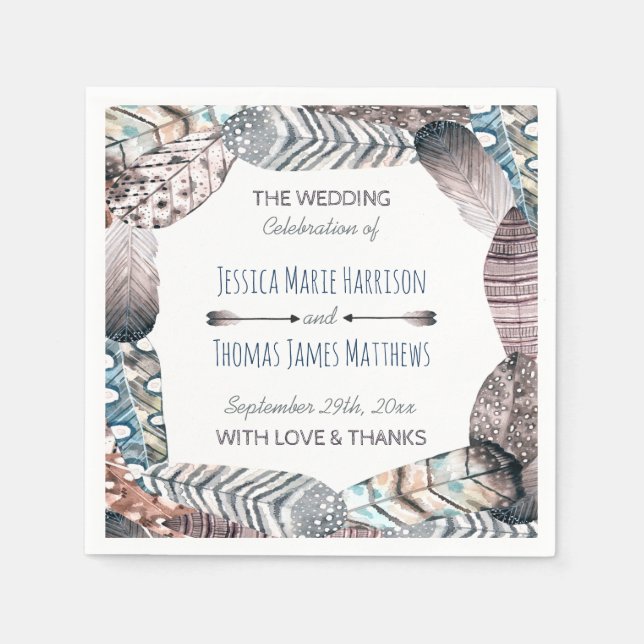 Modern Tribal Feathers Bohemian Wedding Paper Napkins (Front)