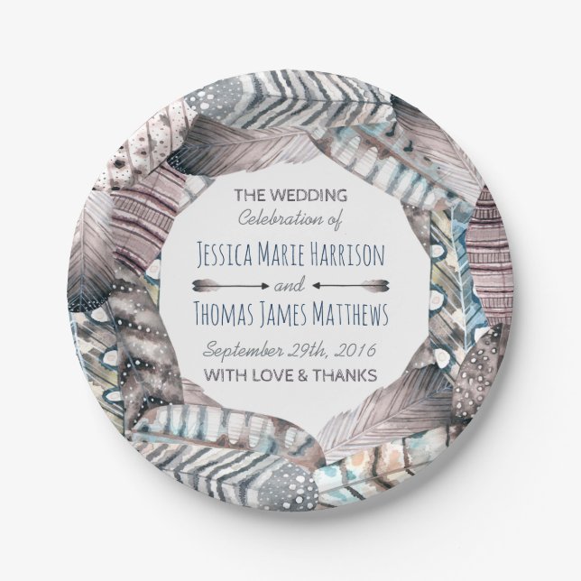 Modern Tribal Feathers Bohemian Wedding Paper Plates (Front)