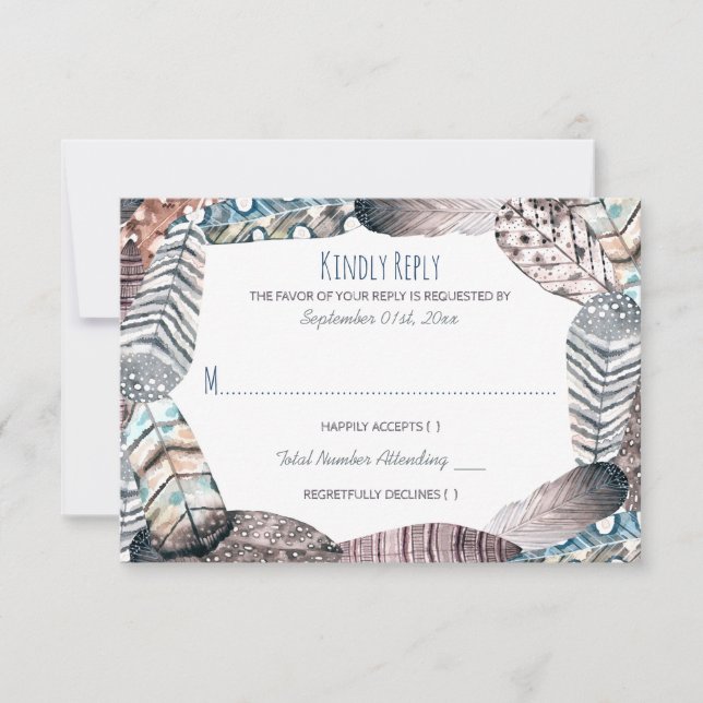 Modern Tribal Feathers Bohemian Wedding RSVP (Front)