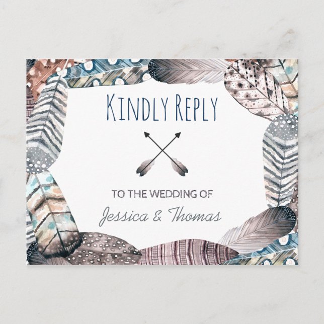 Modern Tribal Feathers Bohemian Wedding RSVP Invitation Postcard (Front)