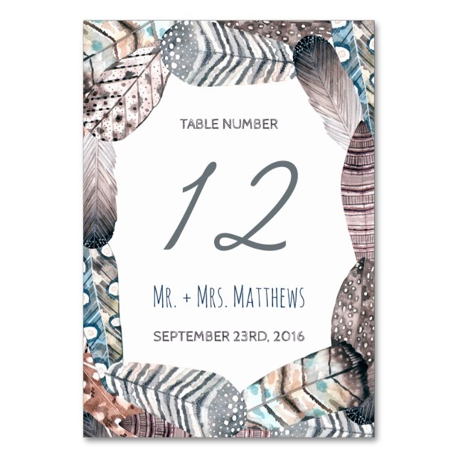 Modern Tribal Feathers Bohemian Wedding Table Number (Front)