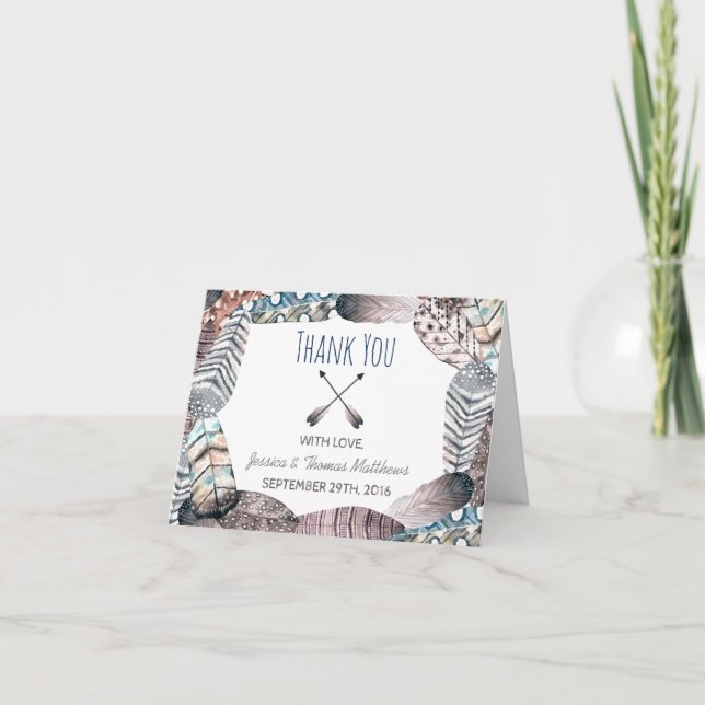 Modern Tribal Feathers Bohemian Wedding Thank You Card (Front)