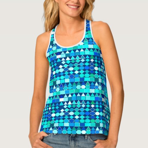 Modern Tribal Geometric Denim Blues on Navy Tank Top