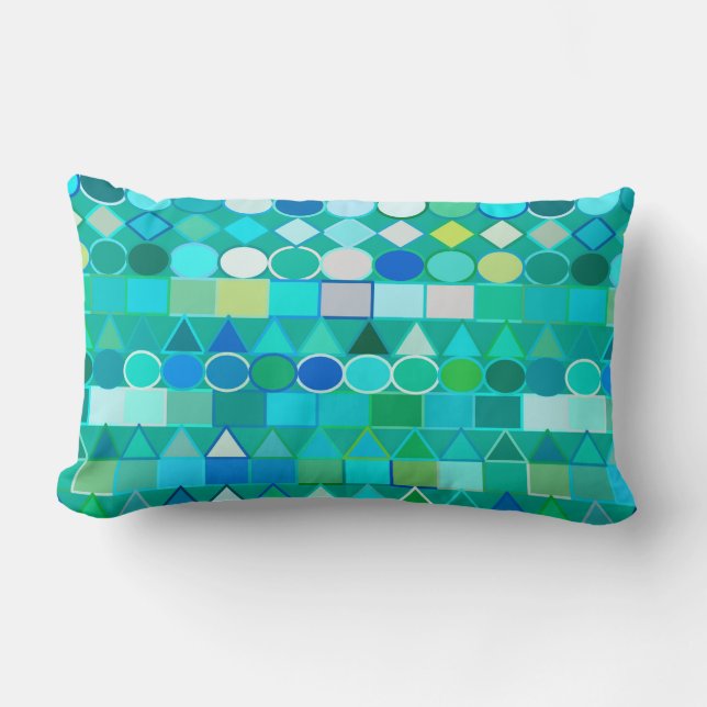 Modern Tribal Geometric, Sea Glass Aqua and Blue Lumbar Pillow (Front)