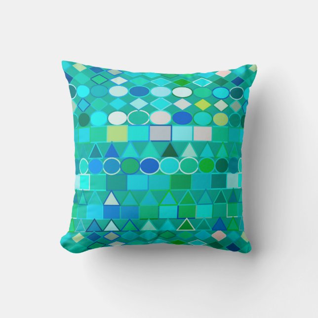 Modern Tribal Geometric, Sea Glass Aqua and Blue Throw Pillow (Front)