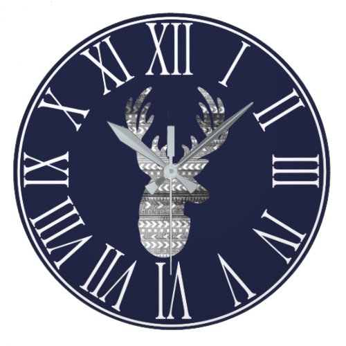 Modern Tribal Gray Deer &amp; Navy Blue Large Clock