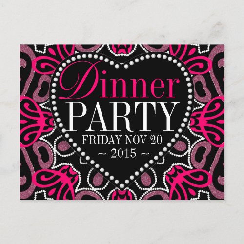 Modern Tribal Hot Pink Black Dinner Party Invite