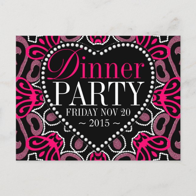Modern Tribal Hot Pink Black Dinner Party Invite (Front)