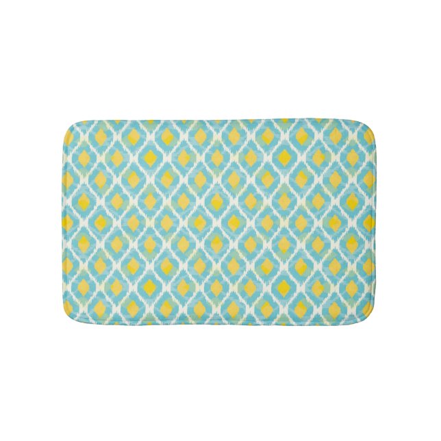 Modern tribal ikat blue yellow fashion bathroom mat (Front)