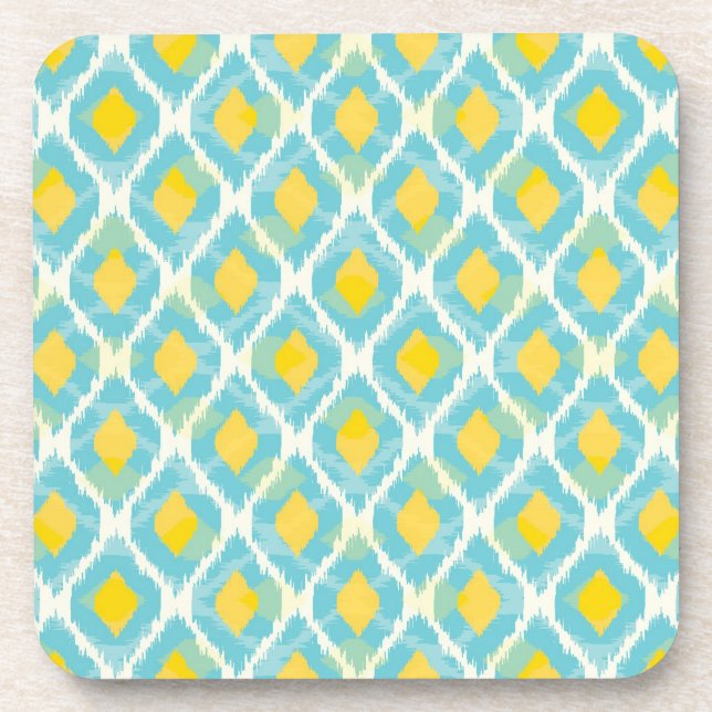 Modern tribal ikat blue yellow fashion beverage coaster (Front)
