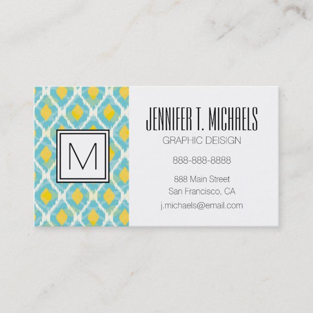 Modern tribal ikat blue yellow fashion business card (Front)