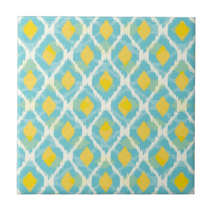 Modern tribal ikat blue yellow fashion ceramic tile