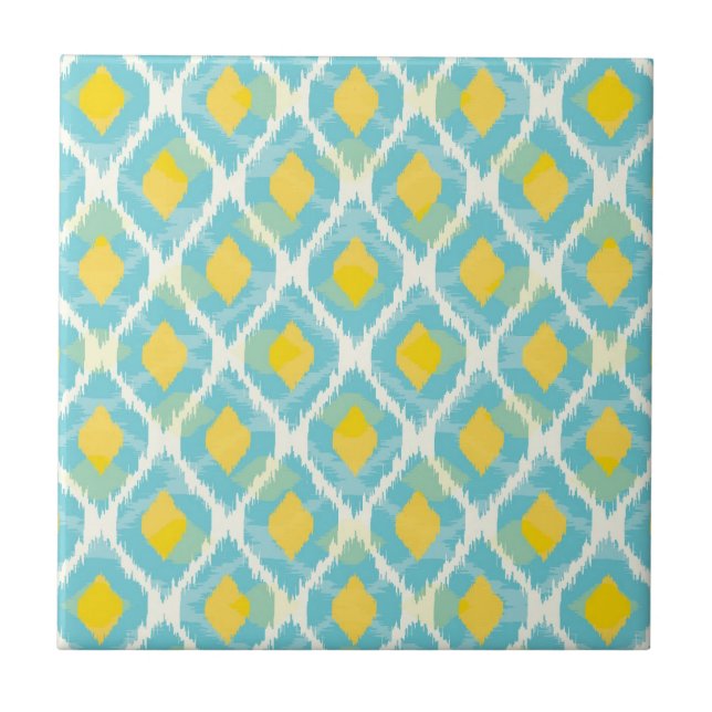 Modern tribal ikat blue yellow fashion ceramic tile (Front)