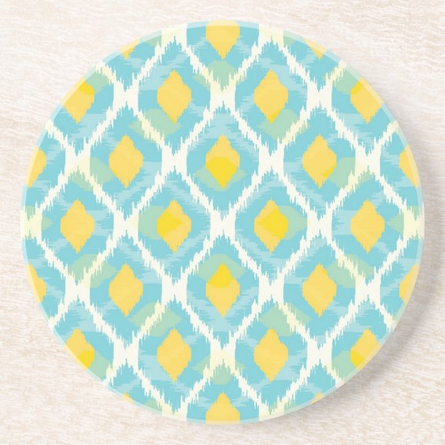 Modern tribal ikat blue yellow fashion drink coaster (Front)