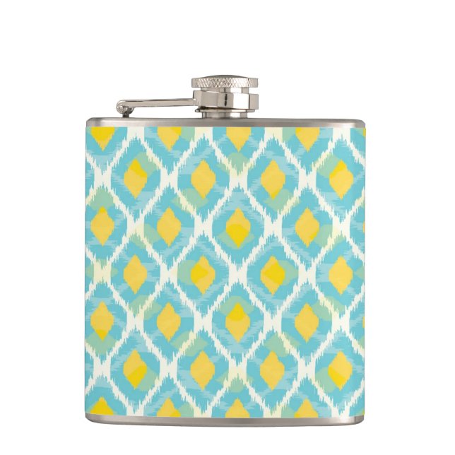 Modern tribal ikat blue yellow fashion flask (Front)