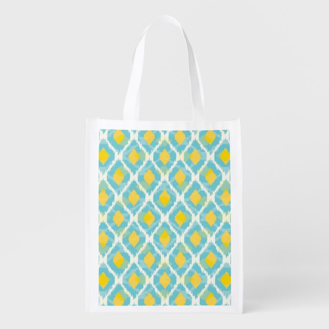 Modern tribal ikat blue yellow fashion grocery bag (Front)