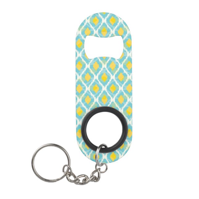 Modern tribal ikat blue yellow fashion keychain bottle opener (Front)