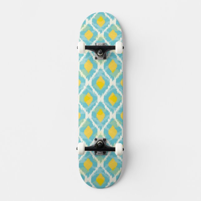 Modern tribal ikat blue yellow fashion skateboard deck (Front)