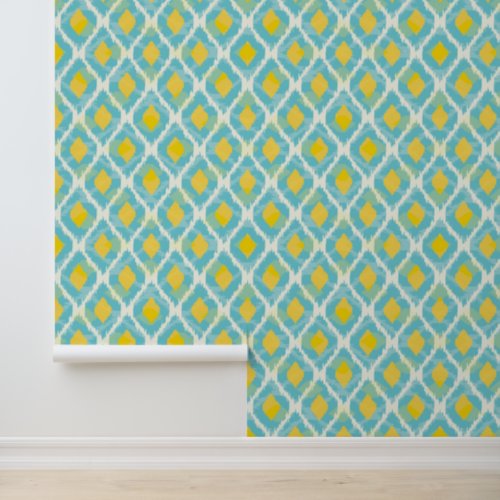 Modern tribal ikat blue yellow fashion wallpaper 