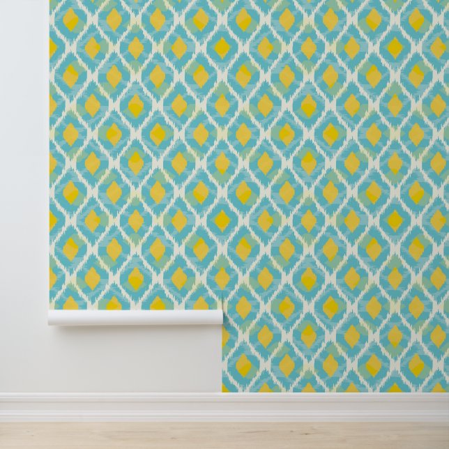 Modern tribal ikat blue yellow fashion wallpaper  (Application)