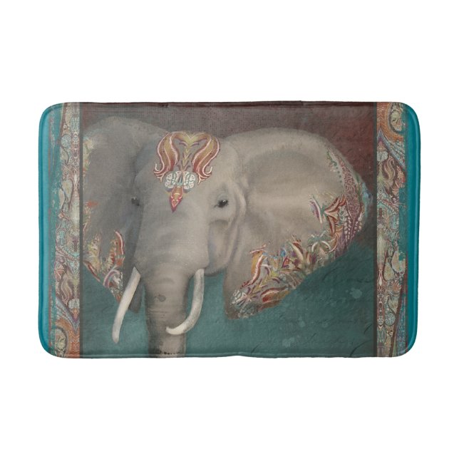 Modern Tribal Kashmir Paisley Border Elephant Art Bathroom Mat (Front)