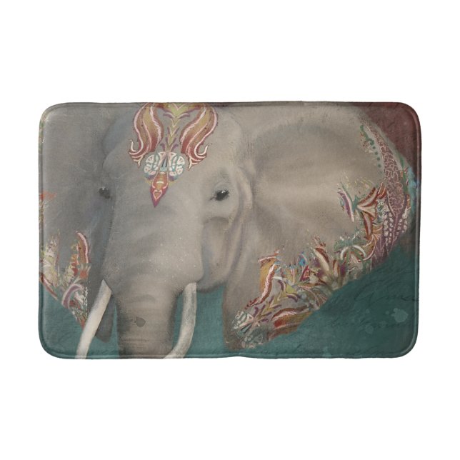 Modern Tribal Kashmir Paisley Elephant w Tusks Art Bathroom Mat (Front)