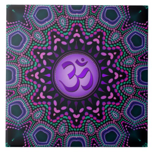 Modern Tribal Purple Om Mandala Ceramic Tile