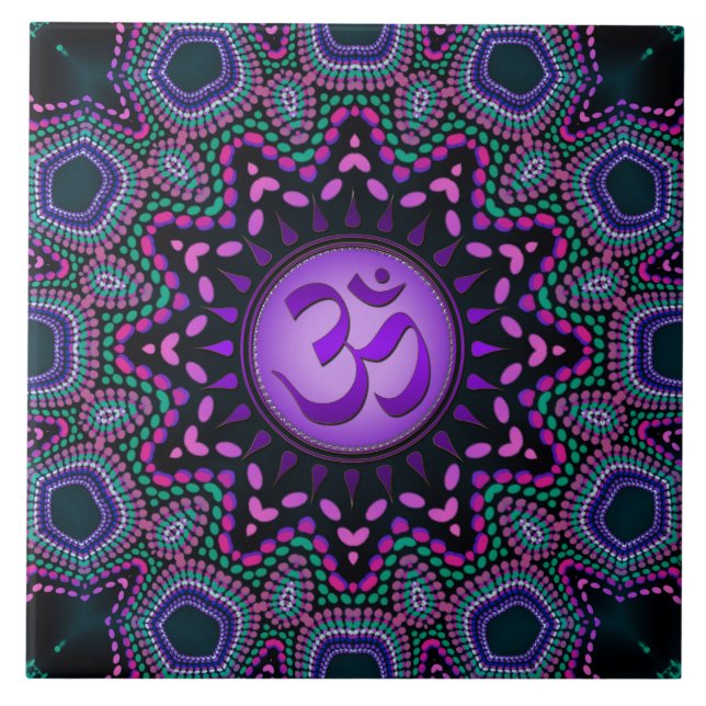 Modern Tribal Purple Om Mandala Ceramic Tile (Front)