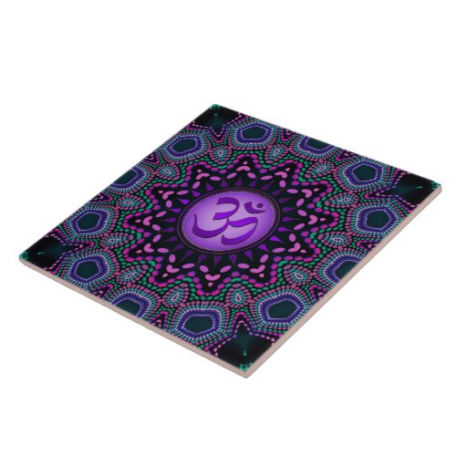 Modern Tribal Purple Om Mandala Ceramic Tile