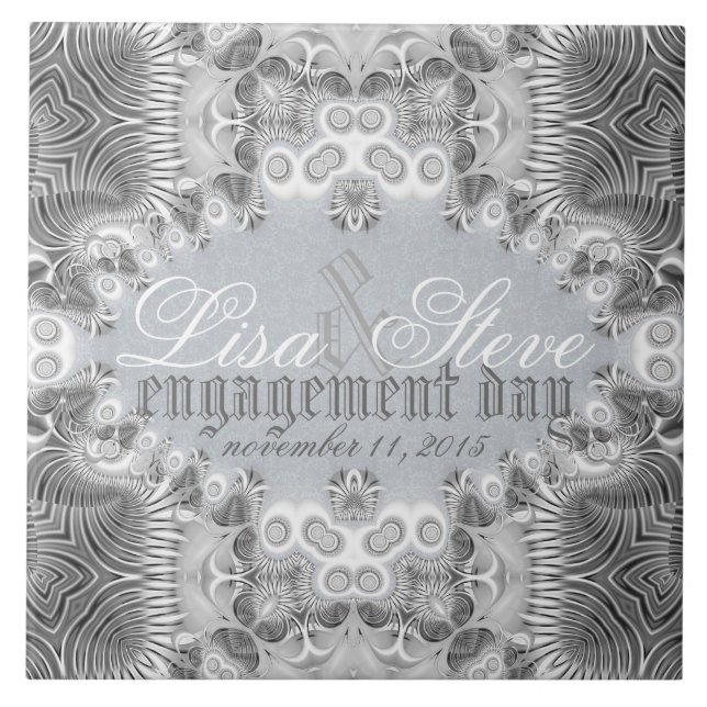 Modern Tribal Silver + White Engagement Souvenir Tile (Front)