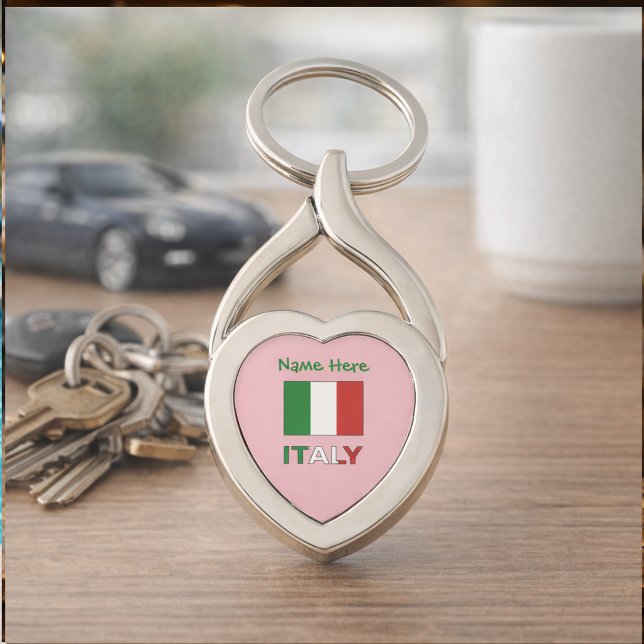 Modern Tricolore Personalized Name Italian Flag Keychain (Personalized heart-shaped keychain has Italian Flag and ITALY. Above add a name in green text.)