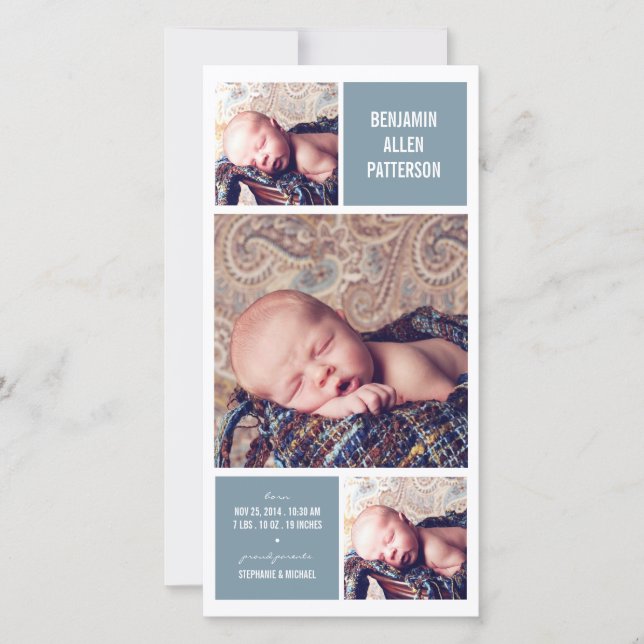 Modern Trio Photo Baby Boy Birth Announcement (Front)