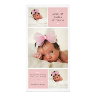 Modern Trio Photo Baby Girl Birth Announcement