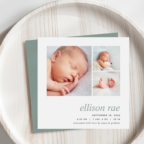 Modern Trio  Simple Minimal Photo Birth Announcement